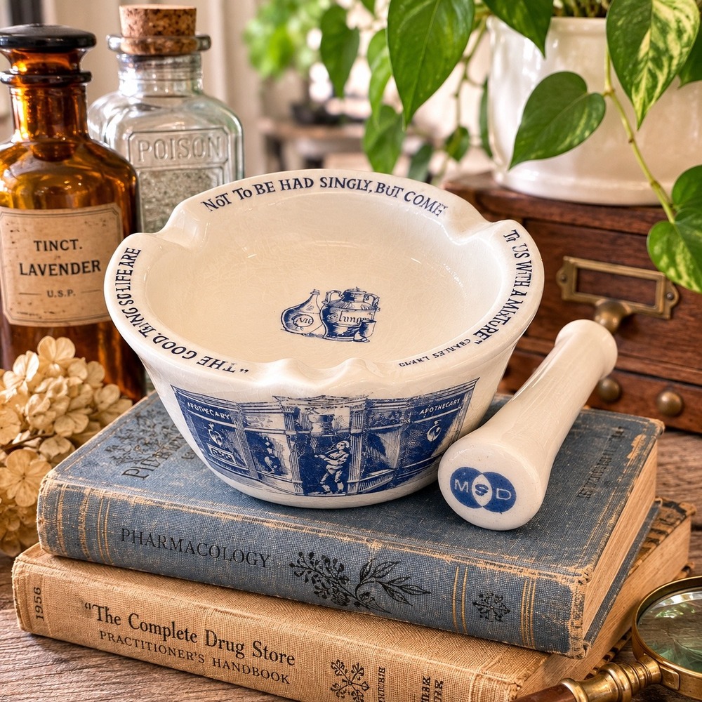 Vintage Merck Sharp & Dohme MSD Ceramic Mortar Pestle Apothecary Advertising